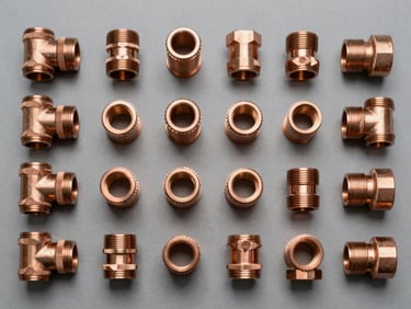 Overhead catalog-style shot of copper pipe fittings — elbows, tees, couplings — laid out in a precise grid on a matte grey surface, cool studio strobe from directly above revealing the warm copper tone against neutral background, no hands or labels