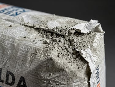 Extreme close-up of Portland cement bag surface, coarse gray powder escaping through a torn corner seam, studio strobe lighting revealing chalky texture and material grain, dark background