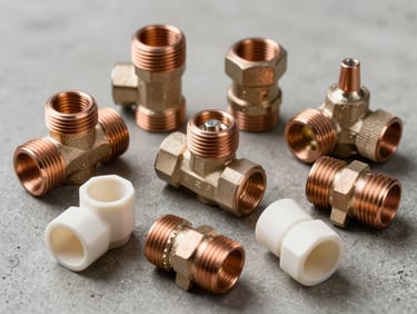 Overhead catalog-style shot of copper pipe fittings, valves, and PVC connectors arranged on a grey concrete surface under studio strobe, sharp focus on threaded detail