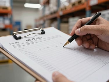 Extreme close-up of hands reviewing a printed multi-line order manifest on a warehouse clipboard, steel shelving visible in soft focus behind, cool warehouse fluorescent light, framed tight on the document surface to show order detail and material specificity without showing any faces