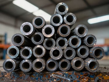 Close-up of bundled structural rebar ends viewed head-on, circular cross-sections in tight geometric array, cool warehouse fluorescent lighting casting metallic reflections, honest industrial framing