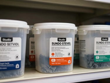 Studio strobe close-up of admixture containers and grout bags on a shelf, sharp product labels in focus, neutral background, precise lighting revealing packaging texture
