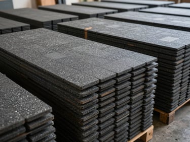 Wide-angle shot of stacked roofing shingle bundles on warehouse floor, overcast north-light interior, granule texture visible on shingle surface, organized rows extending into background depth