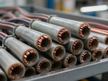 Close-up of electrical conduit ends and wire bundles in organized warehouse bin, cool fluorescent lighting, copper wire cross-sections visible, industrial framing showing material depth in background