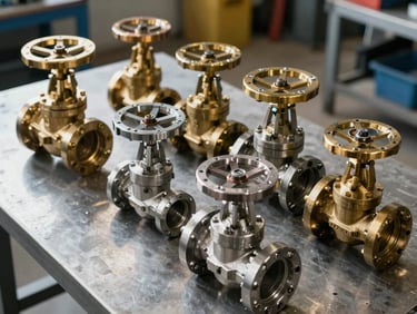 Overhead documentation shot of industrial ball valves and gate valves in multiple sizes arranged in a row on a steel worktable, cool north-light illumination from the left revealing machined brass and stainless-steel body details, honest workshop setting