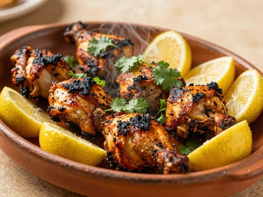 Close-up 45-degree shot of steaming, charred chicken tandoori on a terracotta platter garnished with fresh cilantro and lemon wedges.