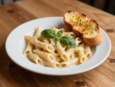 A plate of creamy penne pasta garnished with fresh basil leaves next to toasted golden garlic bread on a rustic wooden table.