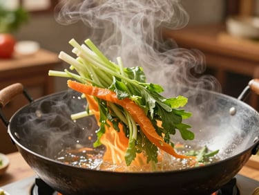 Action shot of fresh vegetables being tossed in a flaming wok, steam rising, captured with a shallow depth of field.