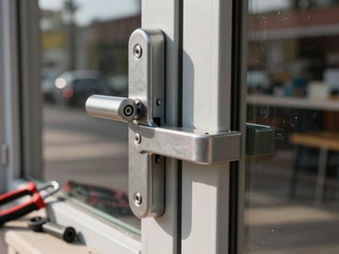 Close-up of commercial grade mortise lock hardware installed on a storefront glass door, morning light from the street, tools resting on the door frame edge