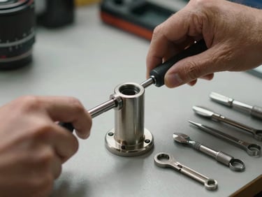 Hands using a key extractor tool on a door lock cylinder, side-lit on a workbench, metal tools arranged neatly beside it, even natural studio light