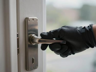 Close-up of a gloved hand gripping a residential door handle with a deadbolt cylinder visible, natural overcast daylight, shallow depth of field on the lock mechanism
