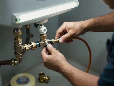 Plumber's hands connecting supply lines on a tank water heater in a utility closet, pipe fittings and Teflon tape visible on the floor nearby, overhead fluorescent light
