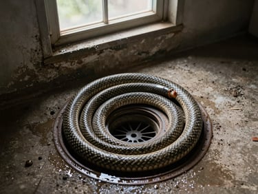 Overhead view of drain snake coiled beside an open floor drain in a wet basement, natural daylight filtering from a small window above
