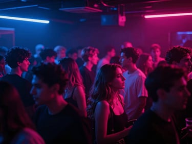 Cinematic editorial photography of a vibrant crowd in a high-end nightclub, sharp motion, neon blue and magenta backlights, high contrast, 35mm