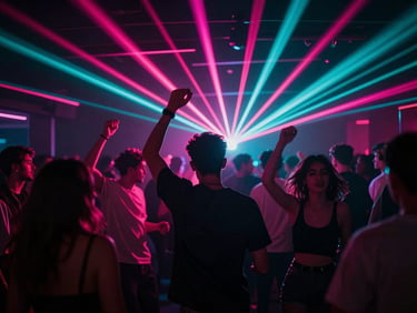 Vibrant night club crowd dancing under neon fuchsia and deep cyan laser lights, cinematic low-key lighting, motion blur, immersive atmosphere
