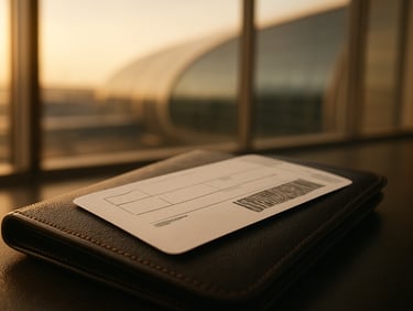 Close-up of a boarding pass and plane ticket resting on a dark leather travel wallet, warm window light from the left, Emirates terminal architecture softly visible in background