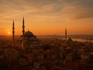 Aerial panoramic view of Baku or Istanbul old city skyline at dusk, minarets and historic rooftops in warm amber light, wide sky, city receding to the horizon on the right
