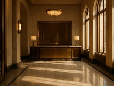Hotel lobby interior with warm brass fittings and marble floor, soft afternoon light through tall arched windows on the right, reception desk in mid-ground, no staff visible