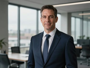 Professional portrait of Robert Vance, male financial director in a navy suit, natural overcast daylight, modern office background, 35mm