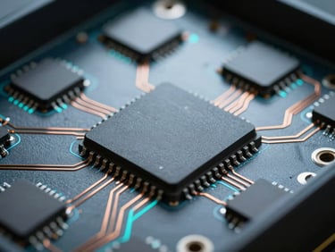 Macro photography of physical server hardware, focus on high-density copper traces and slate-colored microchips, cool studio lighting with sharp directional electric cyan highlights, shallow depth of field