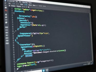Extreme close-up of a high-end computer monitor displaying clean, structured code syntax, dark low-key environment, desaturated slate tones, macro lens