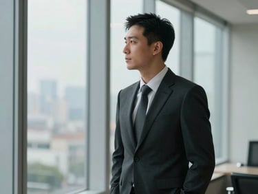 Thoughtful portrait of a professional man in a dark tailored suit looking out of a large window in a high-rise office, soft side-lighting.
