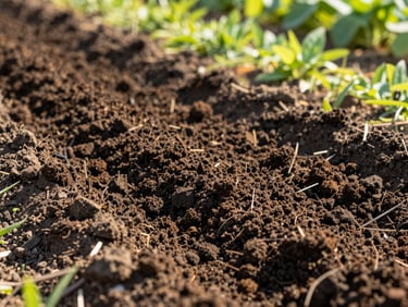 Rich dark organic soil being spread on a prepared ground, fine texture, warm afternoon light, natural agriculture context