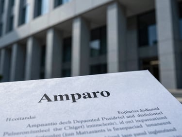 Close-up macro shot of signing high-stakes legal Amparo documents under dramatic sharp lighting, cool steel tones, shallow depth of field.