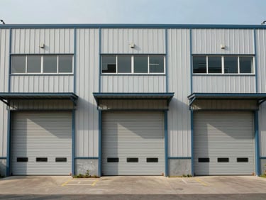 Exterior facade of a terrace factory unit in a JB industrial row, straight-on view, roller shutter doors closed, natural daylight, no people