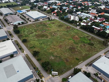 Wide drone aerial of a rectangular land lot in Johor Bahru, surrounded by mature industrial estate, access road clearly visible, natural overcast light