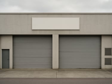 Building facade of a single-storey detached factory in Johor Bahru industrial estate, straight-on architectural view, roller shutters closed, clear signage area, overcast daylight, no people