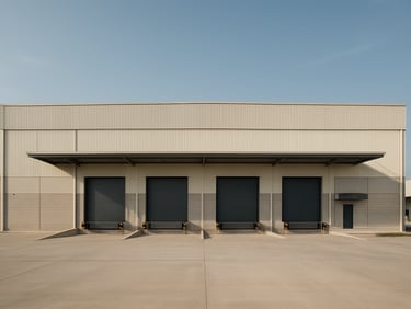 Straight-on wide-angle exterior of a large detached warehouse-factory in a Johor Bahru logistics park, clear sky, loading bays visible, no people