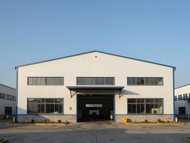 Straight-on facade of a single-storey detached factory building in a JB industrial park, clear sky, natural daylight, no people