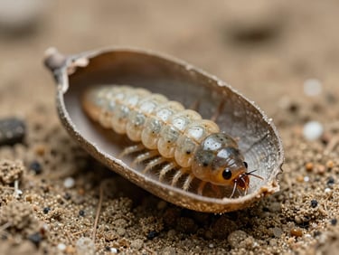 Macro photography of a Trichoptera larva inside its protective sand-case, natural riverine tones, high detail