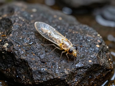 Macro photography of a Plecoptera nymph on a dark wet rock, crisp scientific lighting, shallow depth of field