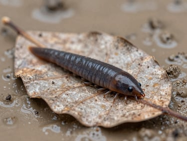 Macro photography of a dark Hirudinea leech on a decaying leaf, soft muddy background, scientific detail