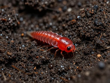 Macro photography of a red Chironomidae larva on dark organic sediment, high contrast, shallow depth of field