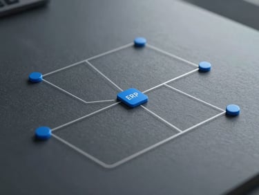 Abstract minimalist data pipeline diagram showing direct bank-to-ERP flow, crisp technical lines, slate gray and electric blue accents, cool daylight illumination.