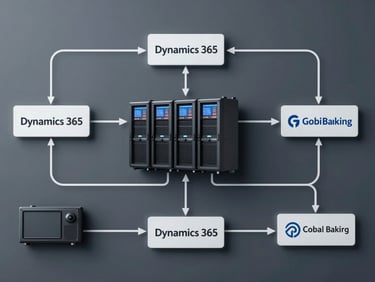 Abstract technical layout diagram illustrating direct data pipeline between Dynamics 365 and global banking servers, clean vector lines, cool slate tones.