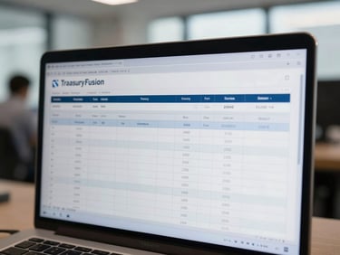 Macro view of clean, high-fidelity D365 interface showing TreasuryFusion bank reconciliation tables, cool corporate office daylight, minimalist technical UI.