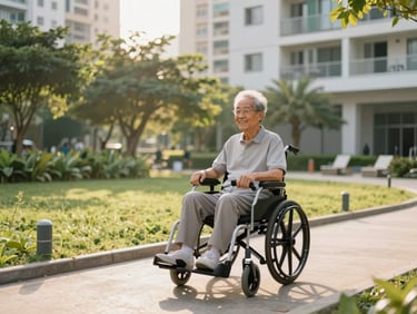 A cheerful Hong Kong senior citizen driving a modern electric wheelchair along a barrier-free ramp in a bright, modern public housing estate garden, warm golden hour sunlight, soft green foliage in the background.