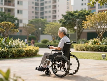 Side profile of an active Hong Kong senior steering a modern, compact electric wheelchair through a beautifully designed, barrier-free public housing garden, bright natural daylight, warm tones