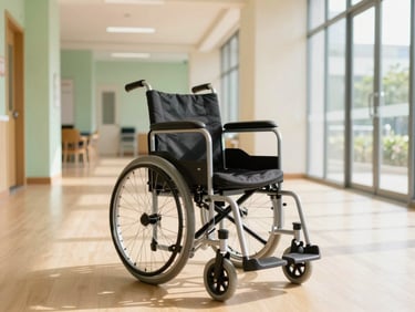 A modern, sleek electric wheelchair parked in a bright, spacious, accessible community center corridor, warm natural light.
