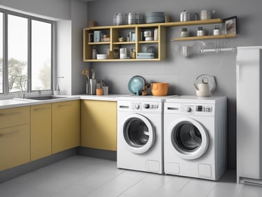 a kitchen with a washing machine and a refrigerator