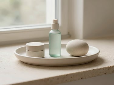 An elegant handcrafted ceramic tray holding minimalist wellness accessories on a sand-colored stone surface, soft window light.