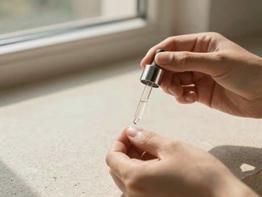A close-up of hands holding an elegant glass tincture dropper over a textured stone surface, warm afternoon sunlight, 35mm
