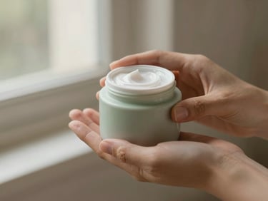 A hand applying a smooth botanical cream from an elegant ceramic jar, warm natural shadows, shallow depth of field.