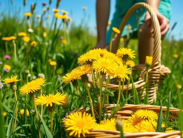 A person foraging dandelions in a sunlit meadow, surrounded by lush green grass and blooming wildflo