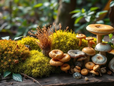  a serene forest scene showcasing vibrant moss and diverse fungi, on wood table 