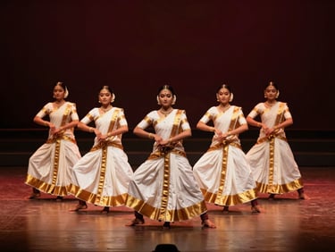 Synchronized Malabar Duffmuttu dancers in traditional white and gold attire, moving in a perfect geometric line on a dimly lit luxury stage, motion blur